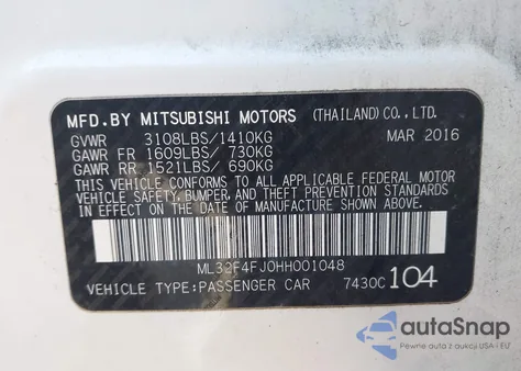 2017 Mitsubishi Mirage G4 Se from USA, damaged, VIN ML32F4FJ0HH001048